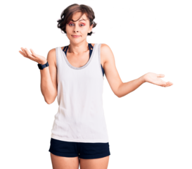 Beautiful young woman with short hair wearing casual sport clothes clueless and confused expression with arms and hands raised. doubt concept.