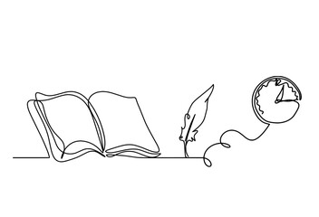 Abstract open book with clock as line drawing on white background. Vector