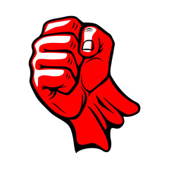 Red hand up clenched fist. Symbol of revolutionary protest, threat, danger. Vector on transparent background