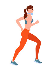 Woman Character is Jogging with Headphones. Girl Running Isolated.  Active Healthy Lifestyle Concept. Physical Activity Vector Illustration. 