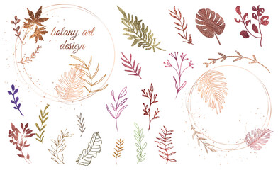 Hand drawn colorful plant set modern and universally usable. Flower branch and minimalistic plants. Hand drawn lines, elegant leaves for your own design. Botanical, chic and trendy plants. 