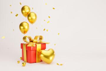 3D Rendering. Celebration concept. Red color gift boxes 3d with golden ribbon on background Birthday, Merry Christmas, Marry New Year. one box and decorations