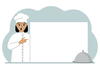 A female cook in uniform and a cap holds a large sheet of paper. Concept for menu, recipe book, blank cookbook or records.