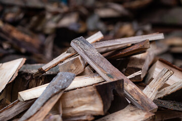 Fototapeta na wymiar Pile of firewood logs closeup 