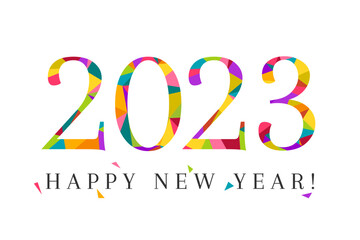 2023 and Happy new year! Cheerful and colorful concept in low poly design. Vibrant colors and polygon elements as confetti and celebration symbol, isolated on white background.