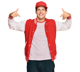 Handsome caucasian man wearing baseball uniform looking confident with smile on face, pointing oneself with fingers proud and happy.