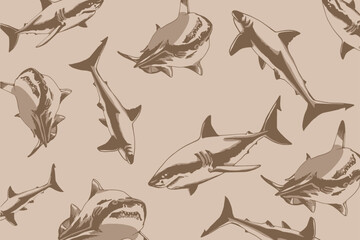 Graphical vintage  pattern with sharks, stylish cover for fabric, postcards, wallpapers,graphical vector illustration. Sea and ocean habitant background design