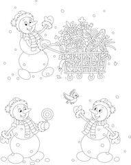 Vector black and white cartoon set with a funny toy snowman, a shopping cart full of foods for merry winter holidays and a flying small bird