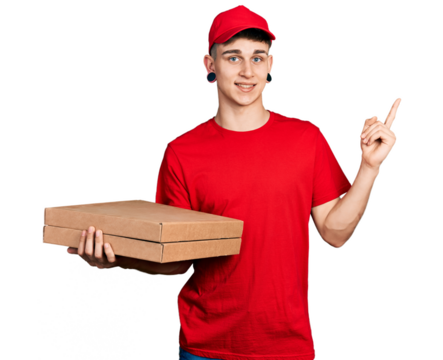 Young caucasian boy with ears dilation holding delivery pizza box smiling happy pointing with hand and finger to the side