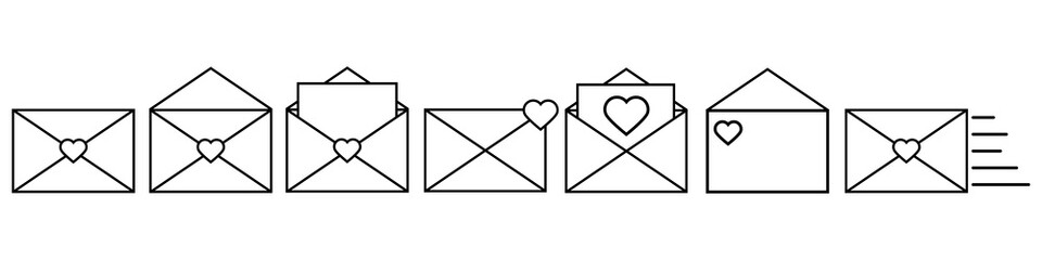 Set of post cards and envelopes.Love envelope icon.Mail icon set. Email icon vector. Love letter envelope.Valentine envelope.Open and closed letter.