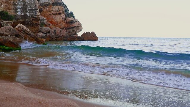 Beautiful landscape of rock formations on the La Pineda beach in Salou Spain.