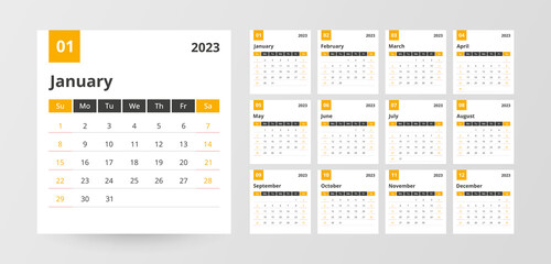 Classic monthly calendar for 2023. Calendar in the style of minimalist square shape. The week starts on Sunday. Cover concept, set of 12 pages desk calendar, design for printing template in yellow