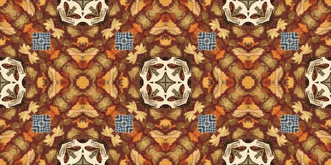 Autumn leaves woodland seamless border. Brown retro kaleidoscopic textile washi tape. Backdrop of vintage ornate forest ribbon. Garden botanical print. 
