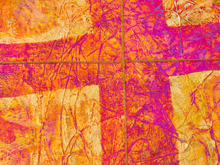 orange, pink and yellow cross design with bold textural effect