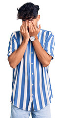 Young hispanic man wearing casual clothes rubbing eyes for fatigue and headache, sleepy and tired expression. vision problem