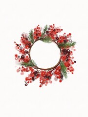 Christmas wreath illustration. Christmas card. Drawing image. Christmas wreath drawing. Watercolor and pencil illustration. Wreath with holly 