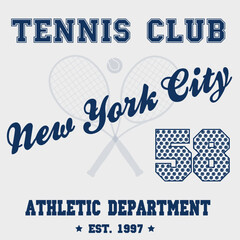 Vectornew york city tennis club slogan print with racket and ball illustration for graphic tee t shirt.