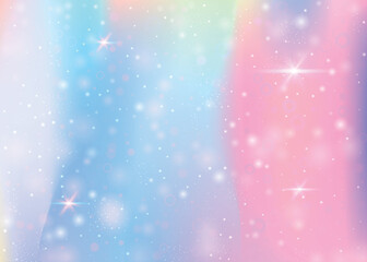 Holographic background with rainbow mesh. Mystical universe banner in princess colors. Fantasy gradient backdrop with hologram. Holographic unicorn background with fairy sparkles, stars and blurs.