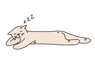 Cute Lying and Sleeping Grey Cat in Cartoon Doodle Style. Domestic Cute Animal Pet Graphic Sketch. Vector Hand Drawn Illustration, Icon, Print, Logo Isolated on a white background.