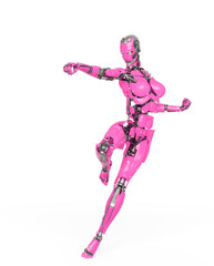 cyborg girl is doing a fighter pose on white background