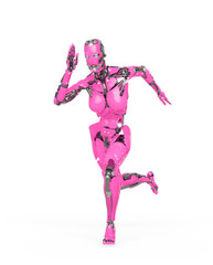 cyborg girl is running fast in action on white background