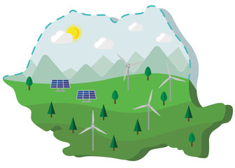 Romania Map Contour Renewable Energy With Wind Generator and Solar Panel