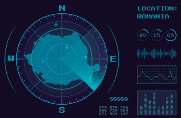 Romania Map Display With Target Radar and Sonar In Digital Monitor