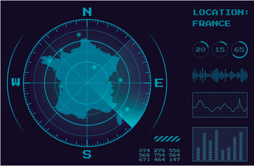 France Map Display With Target Radar and Sonar In Digital Monitor