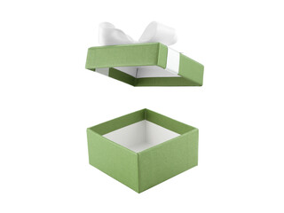 open empty green gift box with ribbon bow (lid floating) isolated on white