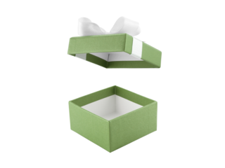 open empty green gift box with ribbon bow (lid floating) isolated on white