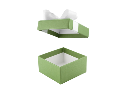 open empty green gift box with ribbon bow (lid floating) isolated on white