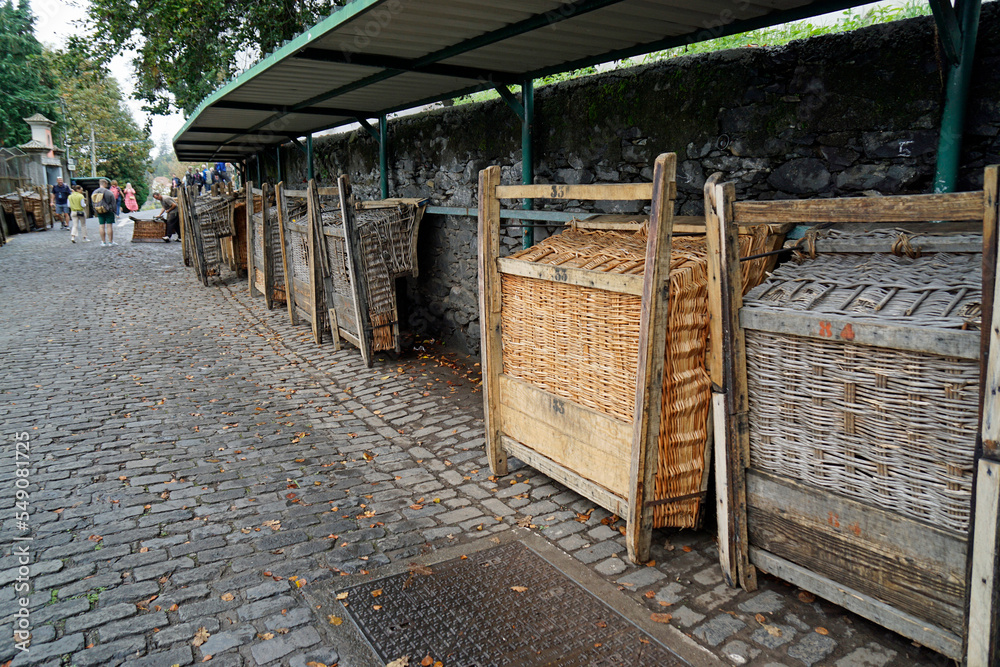 Poster traditional wooden basket sleds in funchal