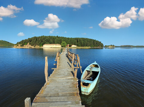 Wooden ruined bridge to isolated Monastery of Saint Mary on Zvernec island (Narta Lagoon, Vlore, Albania).