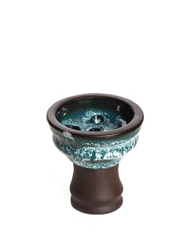 Brown and blue ceramic clay hookah bowl isolated on white background.