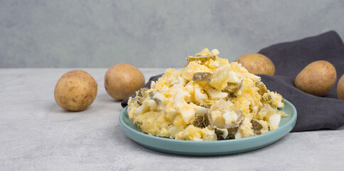 Potato salad on a plate, traditional german party food with eggs, cucumber and mayonnaise
