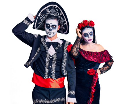 Young couple wearing mexican day of the dead costume over background confuse and wondering about question. uncertain with doubt, thinking with hand on head. pensive concept.