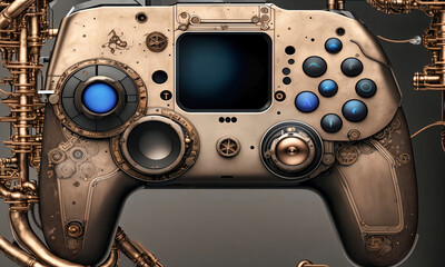 closeup of a fantasy alien steampunk game controller made of complicated mechanical metal parts and gears 
