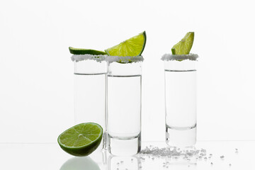 tequila shots with lime and salt on white background