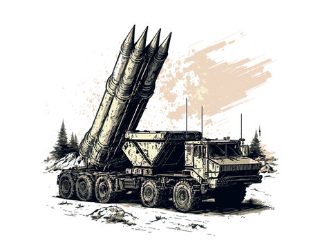 MLRS - multiple launch rocket system. Military vehicle. Hand drawing.