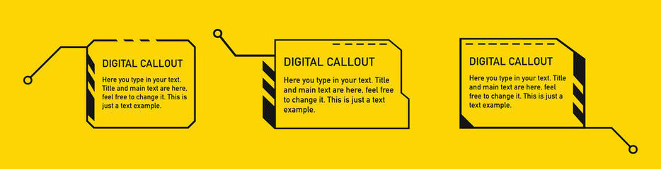 Callouts titles in HUD style. Box bars and modern digital info boxes layout templates.