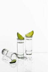 tequila shots with lime and salt on white background
