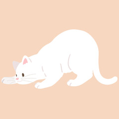 Simple and adorable illustration of white cat playing and hunting flat colored