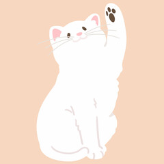Simple and adorable illustration of white cat playing raising paw flat colored