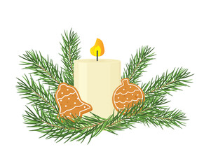 advent, christmas candle with fir tree branches and gingerbread cookies- vector illustration