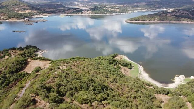 Aerial view of Temo Lake under a cloudy sky. Sardinia, Italy