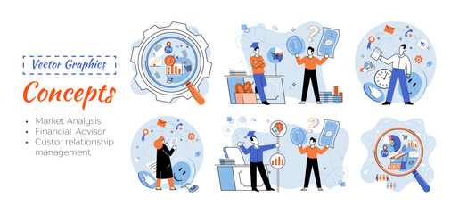 Market statistics analysis, financial advisor, customer relationship management business themes metaphor. Investment money, management planning for customer. Fiscal consultantation, client interaction