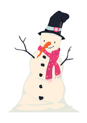 Cartoon snowman with a carrot nose and a top hat. Vector.