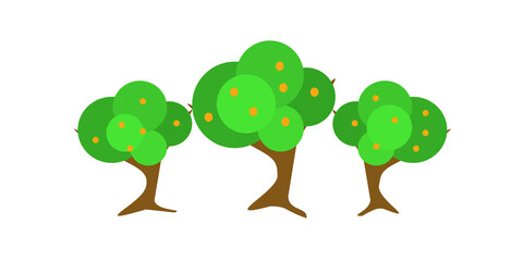 illustrazione con alberi frondosi con frutti e chioma verde su sfondo trasparente
