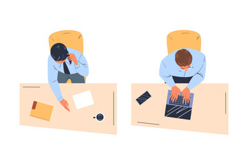 Man Office Employee Sitting at Table as Workplace Top View Vector Set