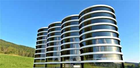 Several futuristic bulk storage silos. Concrete rings reliably withstand lateral loads. Durable aesthetic wall material. 3d rendering. © Oleksandr
